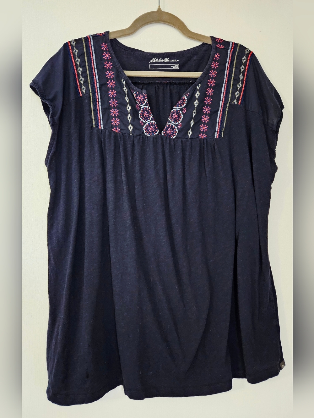 Eddie Bauer Navy 100% Cotton Embroidered Yoke Cap Sleeve Top, 2XL, XXL, 16-20